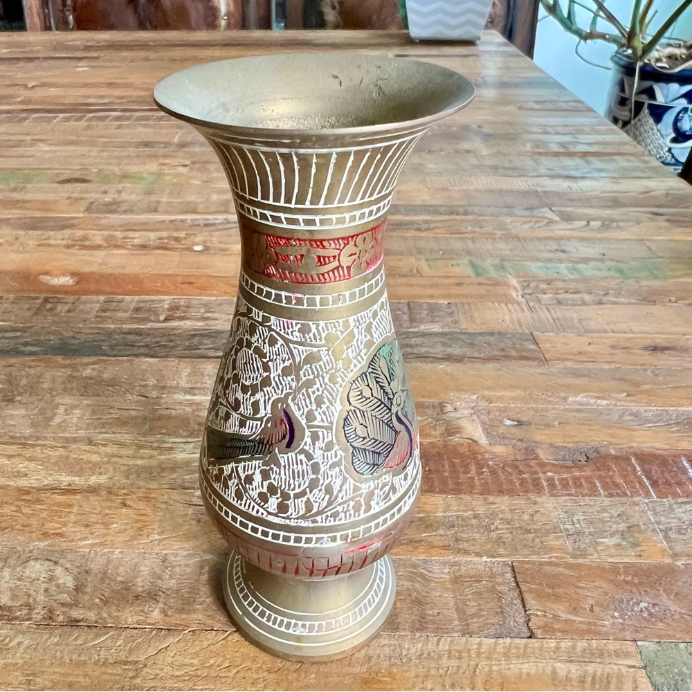 Vintage Indian Brass Vase with Etching and Painted Design - Picture 3 of 8